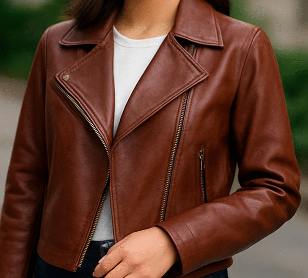 Leather Red Brown Biker Jacket - Womens - Image 3